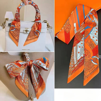 French Retro Print Tying and Wrapping Handle Ribbon Women's Imitation Silk Scarf Light Luxury Saddle Printed Streamer Decorat