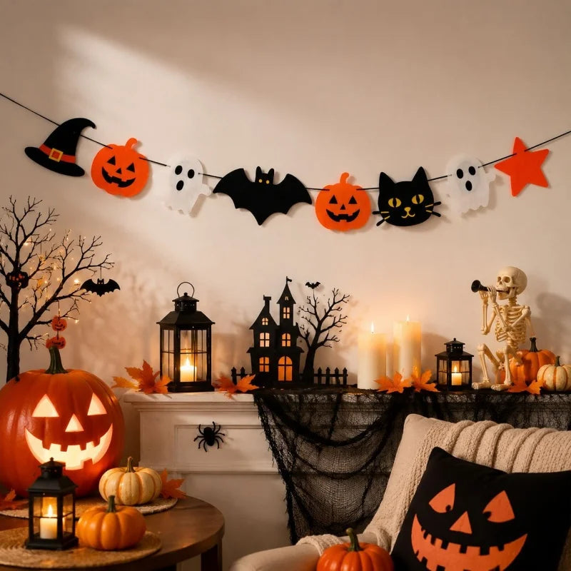 Halloween Felt Banner Garland Assorted Styles Hanging Bunting Flags for Party Home Wall Fireplace Mantel Decoration Supplies