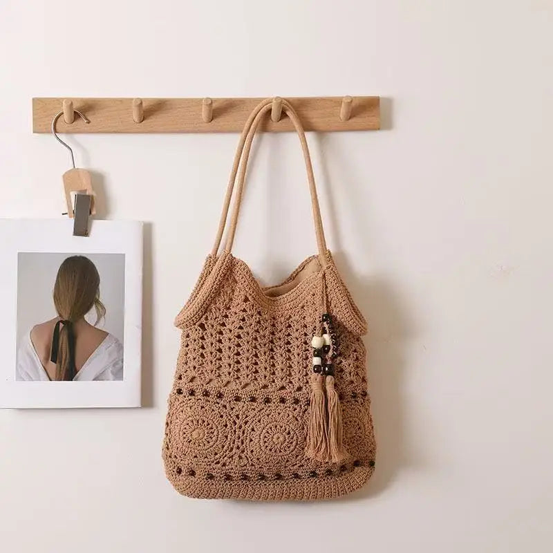 Crochet Tote Bag, White Openwork Knit Purse, Bead Fringe Charm, Adjustable Long Straps, Boho Beach Bag, Summer Market Tote, W