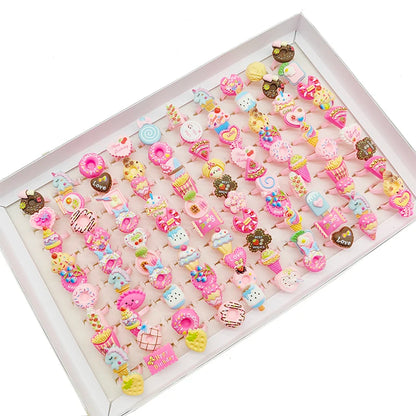 30/100pcs/Lot Wholesale New Cute Kids Finger Rings Party Pink Candy Ice Cream Donuts Cake Child Jewelry Open Adjust Gifts Gir