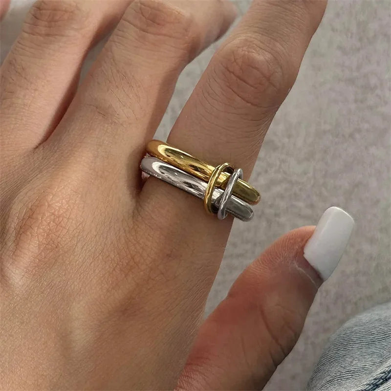A Niche Two-Color Four-Ring Copper Jewelry Ring, Hypoallergenic, Ins Style, Stacking Artifact, Suitable For Young Wome Jewelr