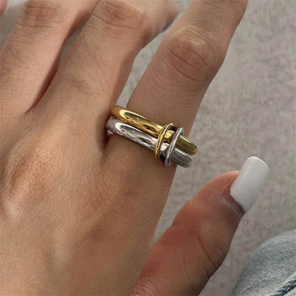 A Niche Two-Color Four-Ring Copper Jewelry Ring, Hypoallergenic, Ins Style, Stacking Artifact, Suitable For Young Wome Jewelr