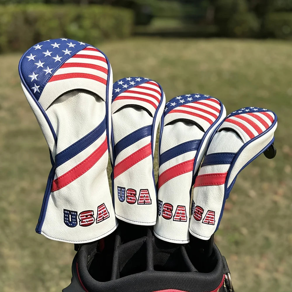 Patriotic Golf Club Head Cover Set - Protect Your Clubs With Durable PU Leather And Vibrant American Flag Design - A- 4pcs