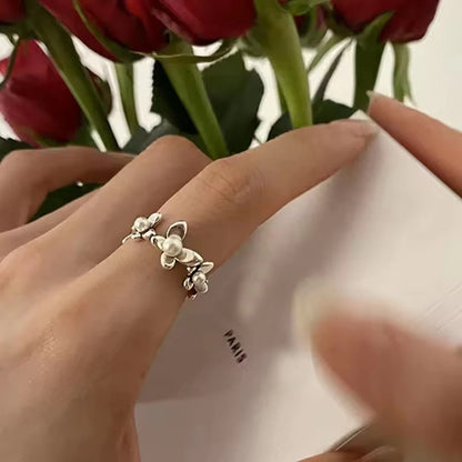 VENTFILLE 925 Sterling Silve Flower Ring for Women Gift Hollow Out Design Retro Hip Hop Versatile Jewelry Party Gift - FFMM01