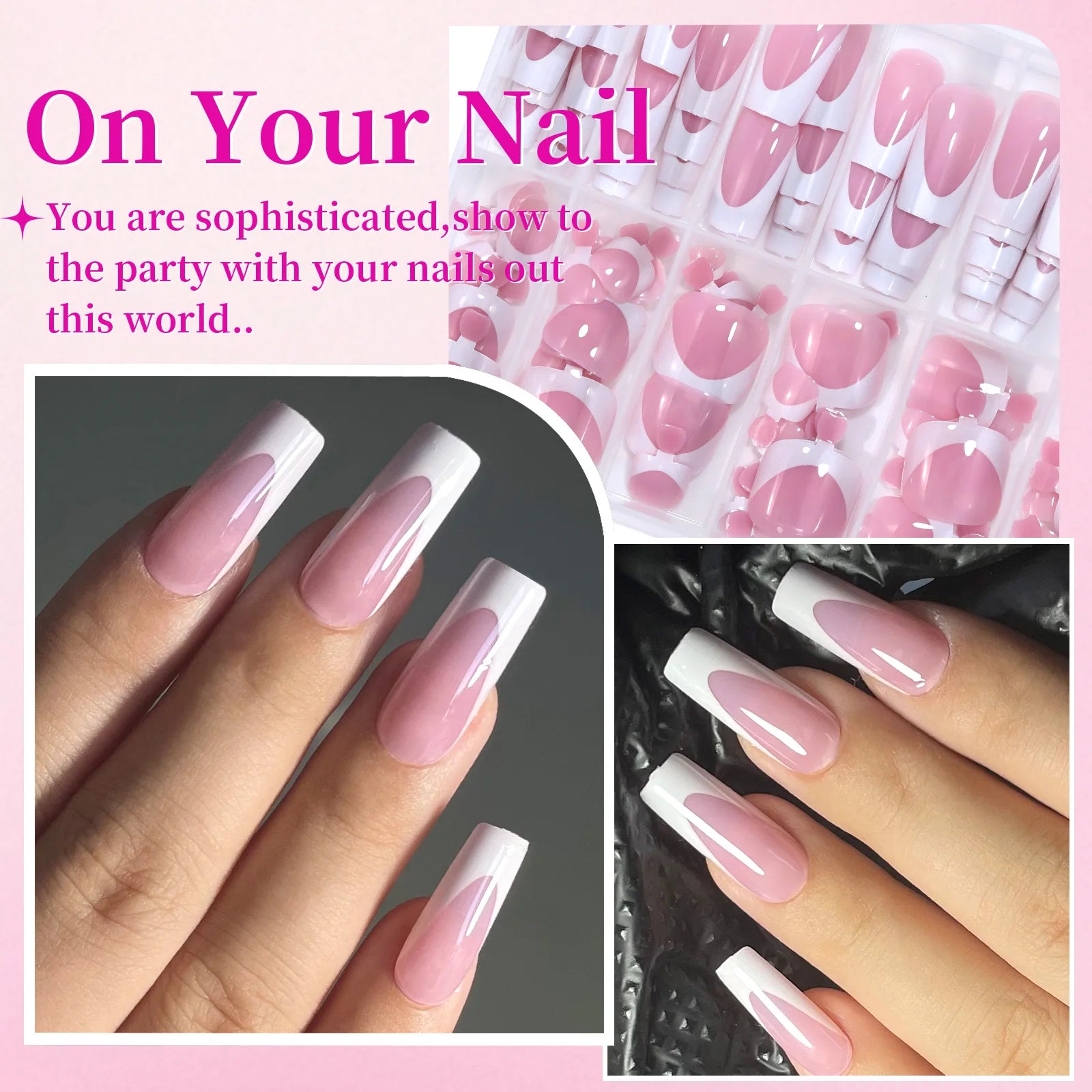 144pcs French hand and foot wear nail set summer short square shiny false toenail acrylic full coverage suitable for nail sal