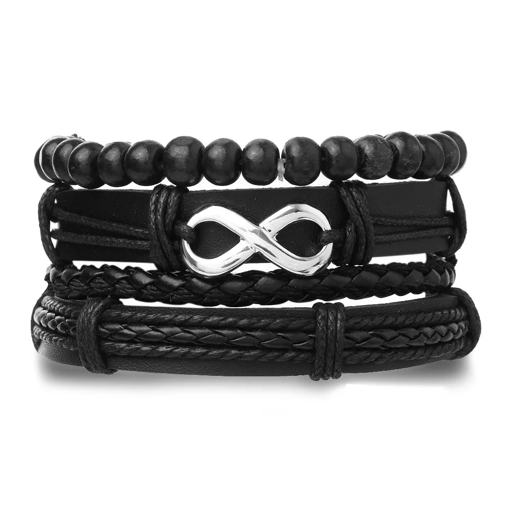 4Pcs/ Set Braided Wrap Leather Bracelets for Men Vintage Life Tree Rudder Charm Wood Beads Ethnic Tribal Wristband Rope Brace