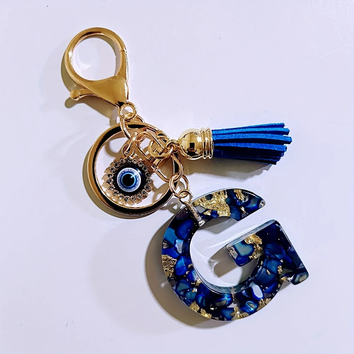 Blue Resin Initial Keychain - Evil Eye Letter Charm with Rhinestones & Tassel, Stylish Gift for Women, Lobster Clasp Accessor
