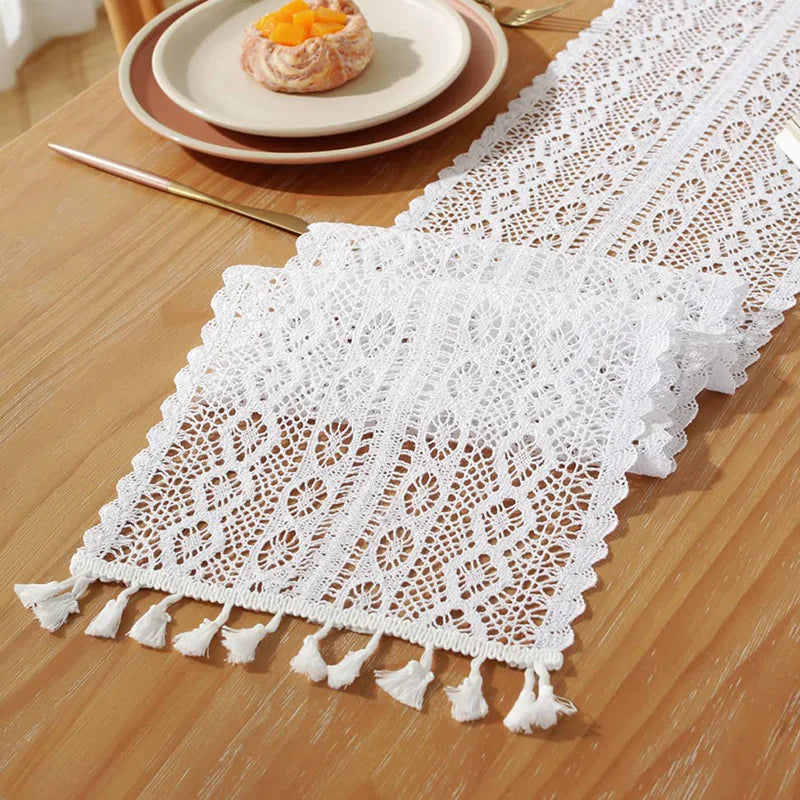 Table Runner Beige Christmas Crochet Lace Cotton Blended Fabric with Tassel For Coffee Table Decor Wedding Decoration - Table