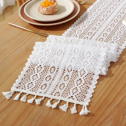 Table Runner Beige Christmas Crochet Lace Cotton Blended Fabric with Tassel For Coffee Table Decor Wedding Decoration - Table