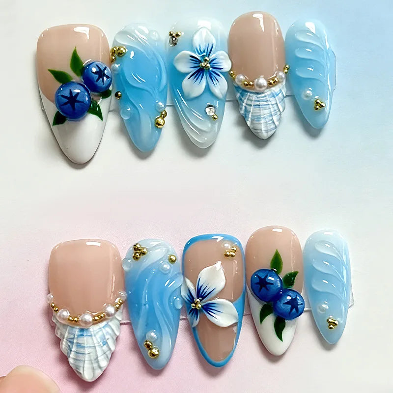 24Pcs Short Round Almond Lovely False Nails Full Cover Fresh Cartoon Fruit Pattern Designs Wearing Nails Art French Summer Na