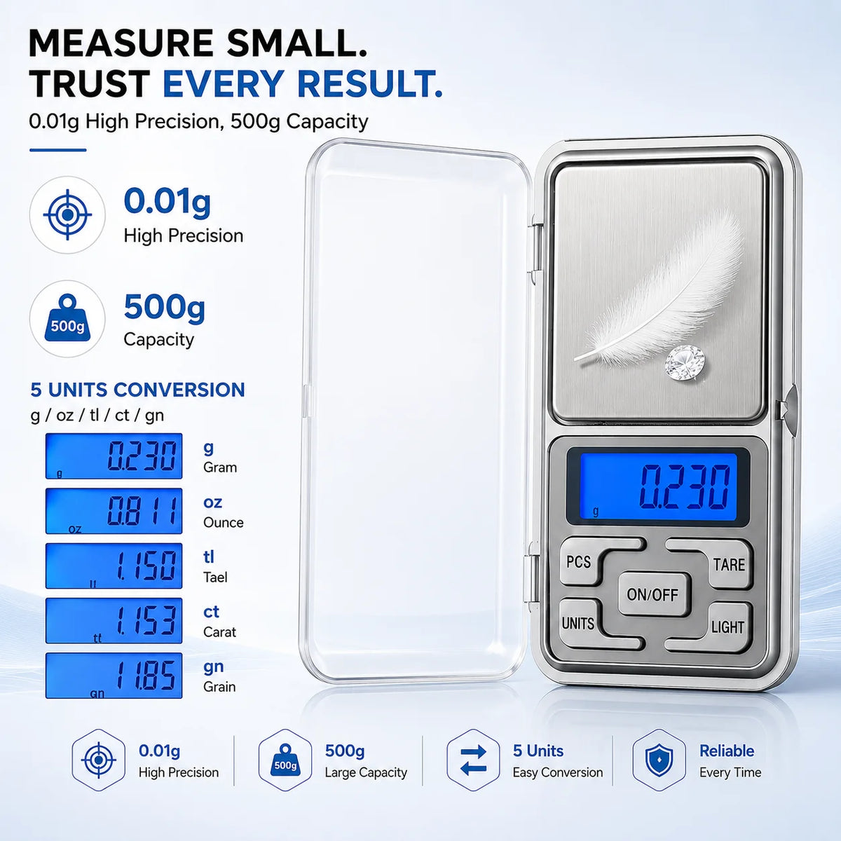 High Precision Mini Pocket Scale 500g/0.01g, Portable Digital Jewelry Scale, Accurate Small LCD Weighing Device for Easy Carr