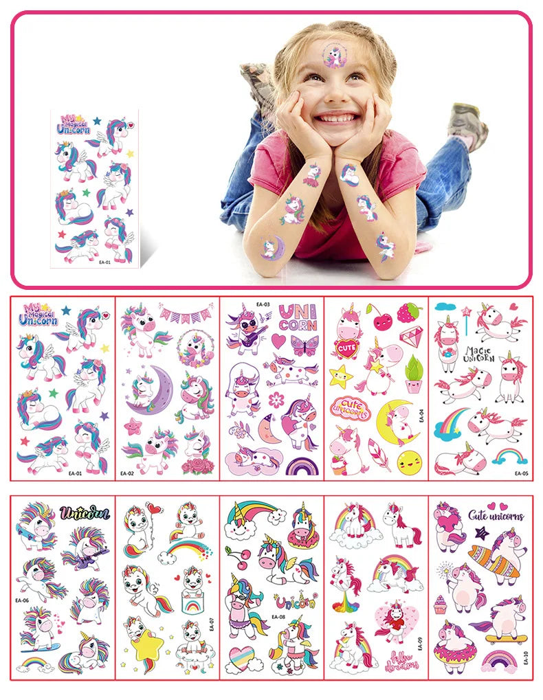 10 Sheets/Pack Kids Cartoon Unicorn Tattoo Sticker for Children's Arm Hands Body Cute Temporary Fake Tatoo