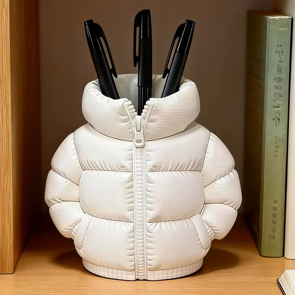 Cute 3D Printed Down Jacket Design Pen Holder Creative Storage Desk Decoration Creative Desktop Storage Organizer - white