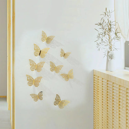 12pcs/lot Metal Inspired Hollow 3D Paper Butterfly Decorations for Parties, Festivals, Weddings, Birthdays, Wall Stickers