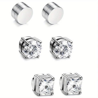 1/3Pairs 6MM Crystal Magnetic No-Pierce Stainless Steel Stud Earrings for Men Punk Zircon Magnet Earrings Non Piercing Jewelr