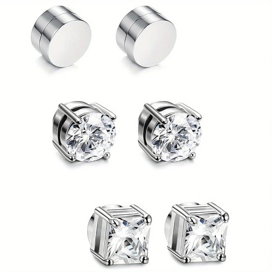1/3Pairs 6MM Crystal Magnetic No-Pierce Stainless Steel Stud Earrings for Men Punk Zircon Magnet Earrings Non Piercing Jewelr