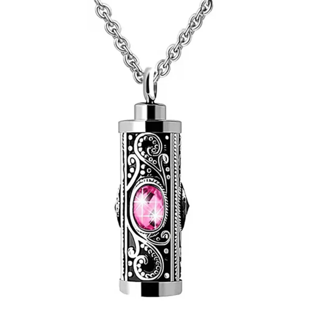 For Men Crystal Cremation Urn Necklace Cylinder Waterproof Ashes Pendant Retro Style Keepsake Memorial Jewelry Human Ashes