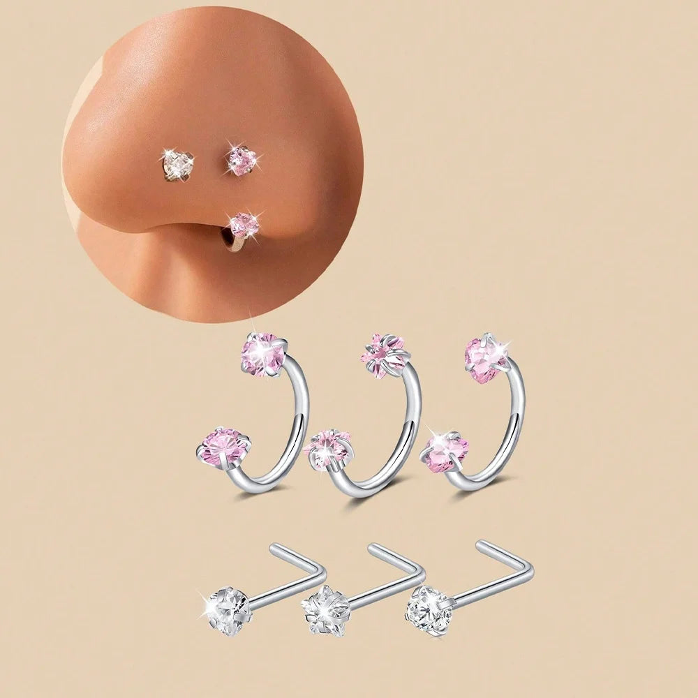 6/2pcs Horseshoe Nose Rings With L-Shape Nose Stud, Stainless Steel Rianbow CZ Nose Ring,, Lip Eyebrow Helix Ear Piercing - 6