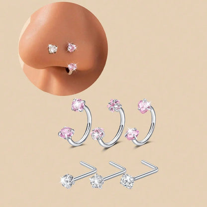 6/2pcs Horseshoe Nose Rings With L-Shape Nose Stud, Stainless Steel Rianbow CZ Nose Ring,, Lip Eyebrow Helix Ear Piercing - 6
