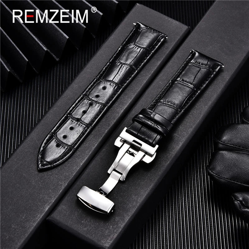 Genuine Calfskin Leather Watchbands Business Replace Watch Band 18mm 20mm 22mm 24mm With Butterfly Buckle Wristwatch Strap - 