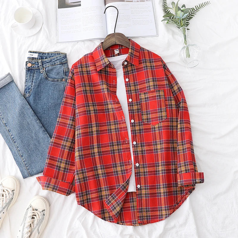Fresh Flannel Plaid Shirt Women 2026 New Female Blouses and Tops Cotton Loose Long Sleeve Casual Shirts Fine Women's Clothes 