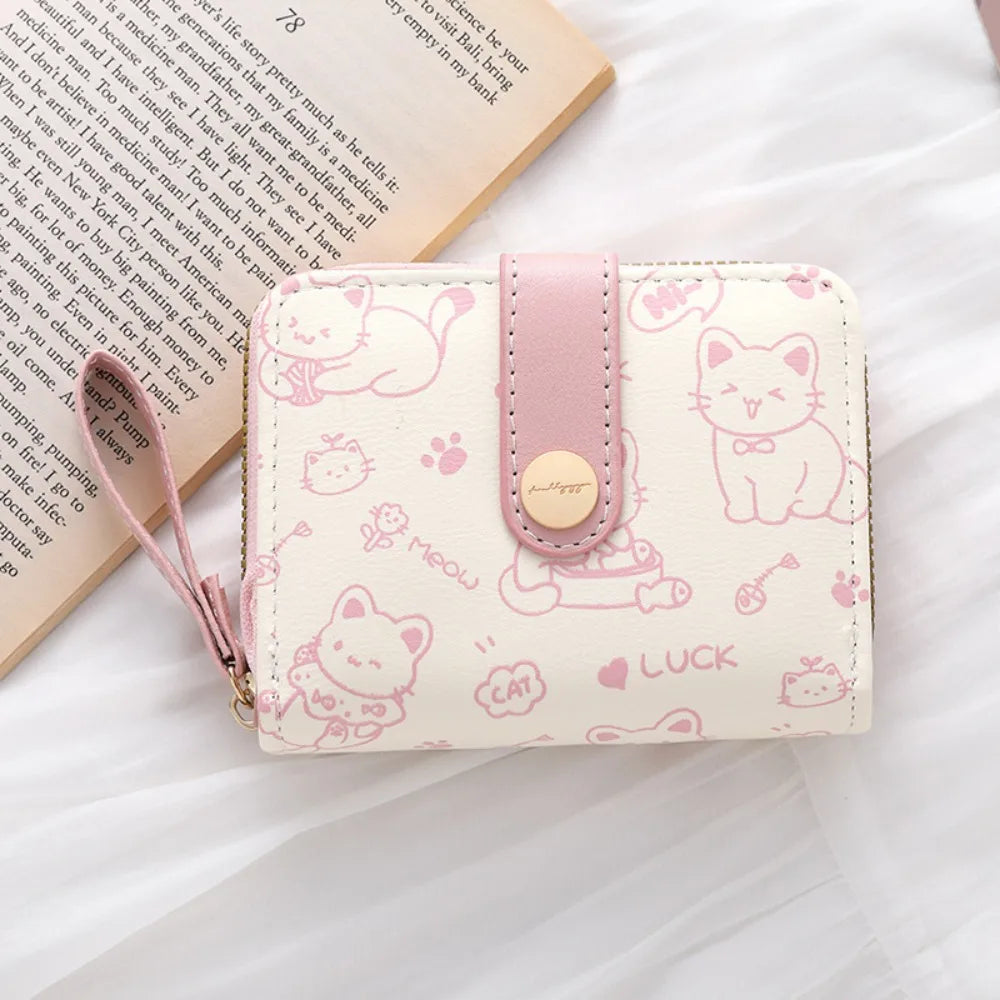 Cute Cat Coin Purse Women Fashion Short Wallet PU Leather Large Capacity Wallet Lightweight ID Card Holder Travel Cash Coin B
