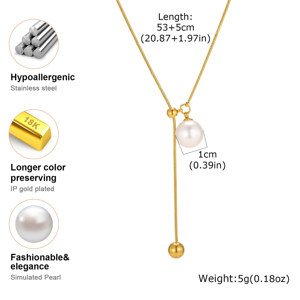 Pearl Lariat Necklace for Women, Gold Plated Stainless Steel Adjustable Slide Chain Y Necklace with Pearl Charm, Dainty Jewel