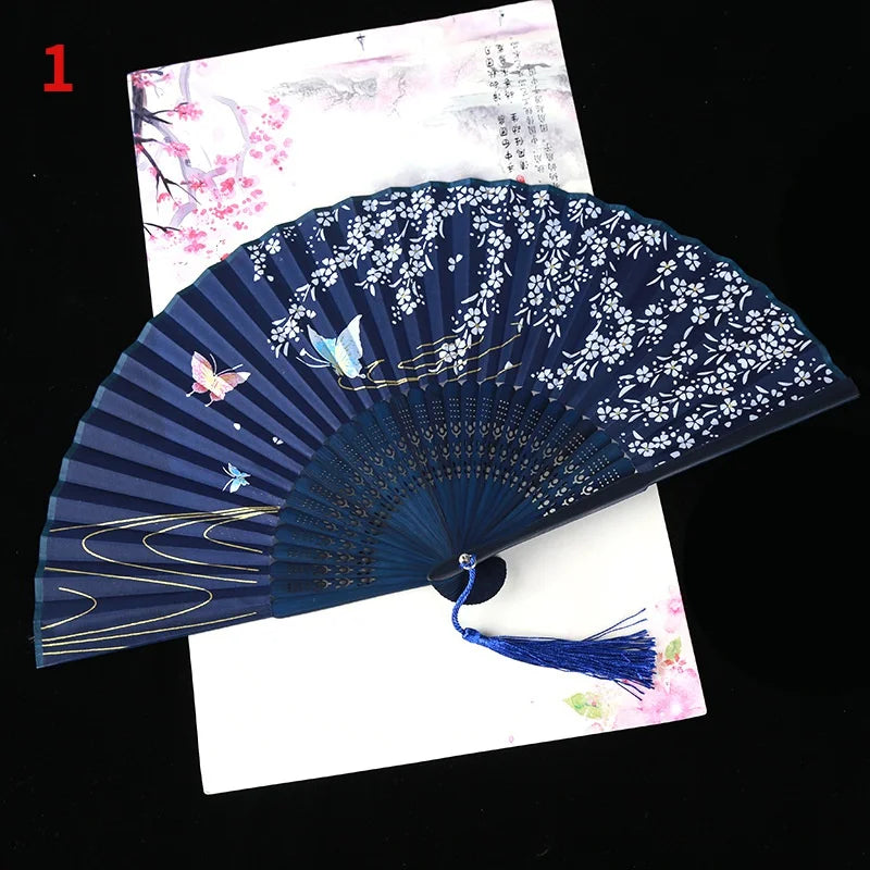 1Pc Vintage Silk Folding Fan Retro Chinese Japanese Bamboo Folding Fan Tassel Dance Hand Fan Home Decoration Ornament Craft G