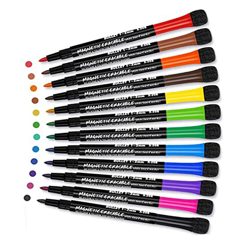 12Colors School Classroom Whiteboard Pen Dry White Board Markers Built In Eraser Student Children's Drawing Pen Stationery - 