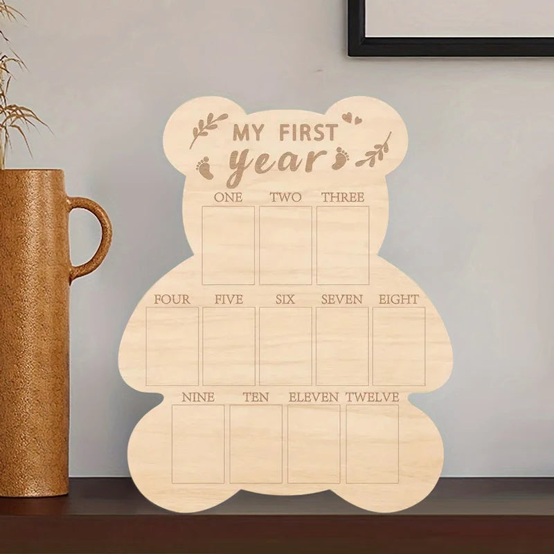 Wooden Bear First Year Milestone Photo Frame Wood Poster Board Memorial Table Decor Ornament Poster Board for Birthday Gift