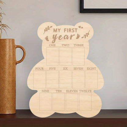 Wooden Bear First Year Milestone Photo Frame Wood Poster Board Memorial Table Decor Ornament Poster Board for Birthday Gift