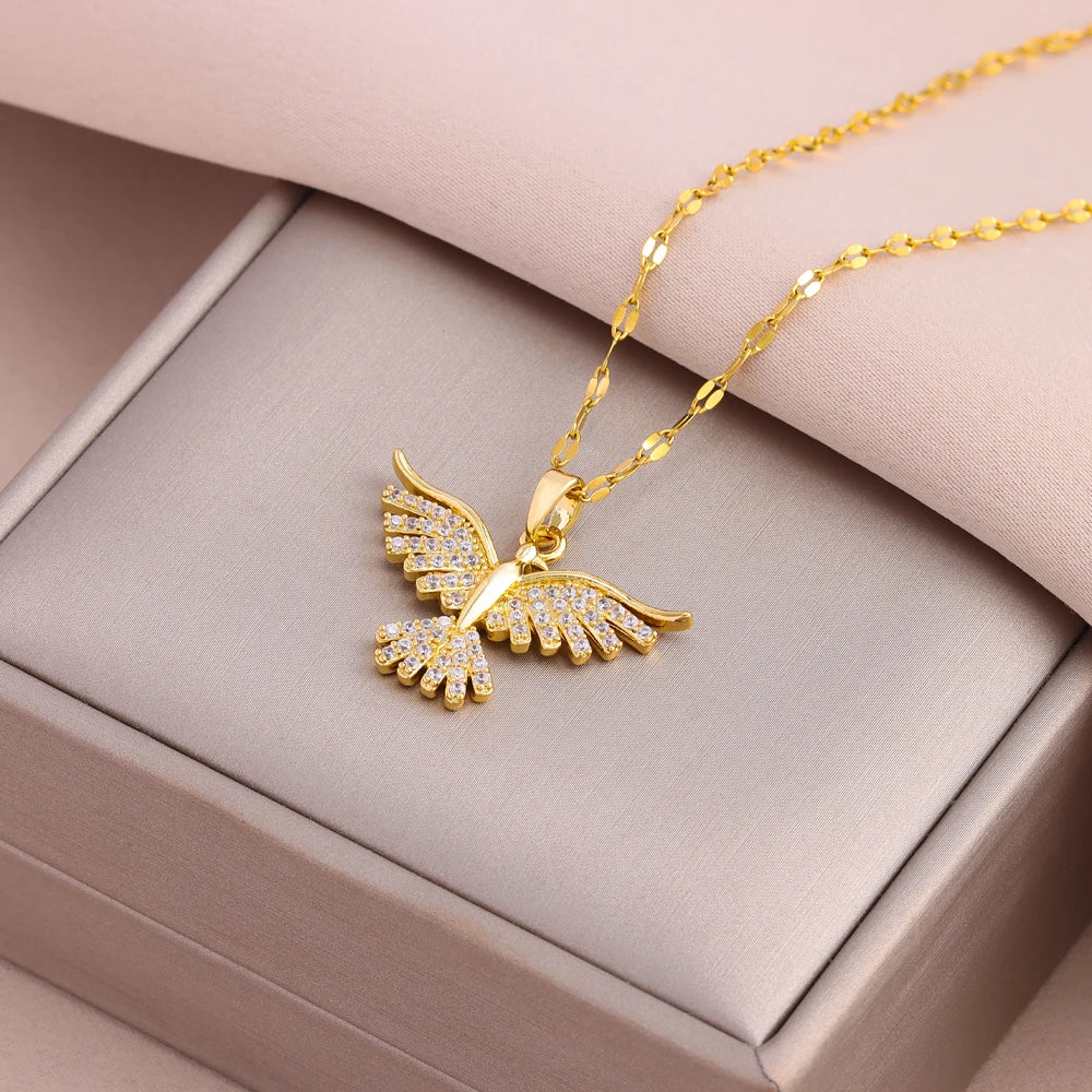 New Sparkly 18K Gold Plated Vintage Phoenix Pendant Necklaces For Women Retro Style Female Daily Wear Stainless Steel Neck Ch