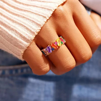 New Irregualr Design Colorful CZ Women Rings Gold Color/Silver Color Geometric CZ Rainbow Rings Luxury Trendy Exquisite Jewel