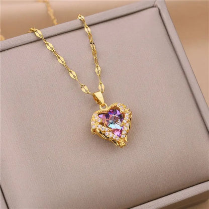 Top Luxury Colorful Crystal Ocean Heart Pendant Necklace For Women Trendy 316L Stainless Steel Jewelry Female Wedding Neck Ch