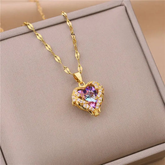 Top Luxury Colorful Crystal Ocean Heart Pendant Necklace For Women Trendy 316L Stainless Steel Jewelry Female Wedding Neck Ch