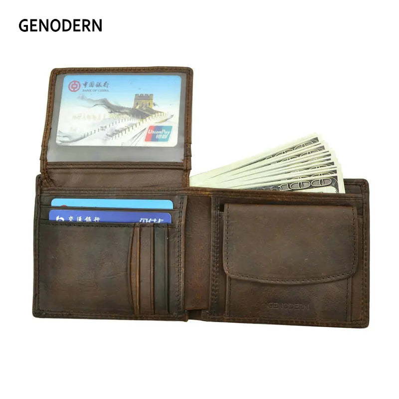 GENODERN Cow Leather Men Wallets with Coin Pocket Vintage Male Purse RFID Blocking Genuine Leather Men Wallet with Card Holde