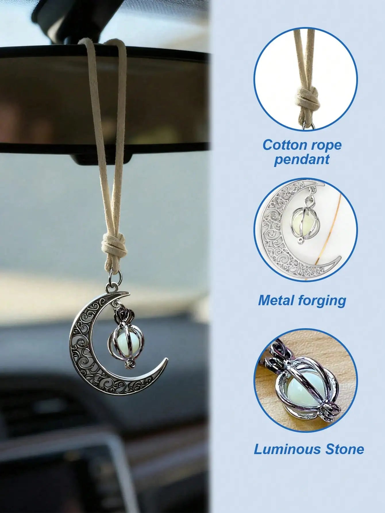 Luminous Moon Pendant Car Hanging Ornament – Hollow Crescent Design, Inlaid with Luminous Stone, Elegant Rearview Mirror Deco