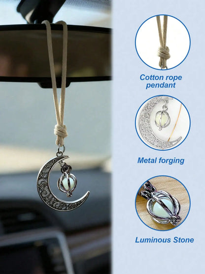 Luminous Moon Pendant Car Hanging Ornament – Hollow Crescent Design, Inlaid with Luminous Stone, Elegant Rearview Mirror Deco
