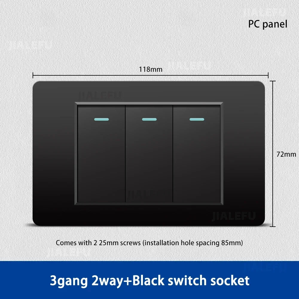 DELEFU 118*72mm PC Panel Parallel 3gang 2way Grey Black White Gold Wall Switch - PC Black