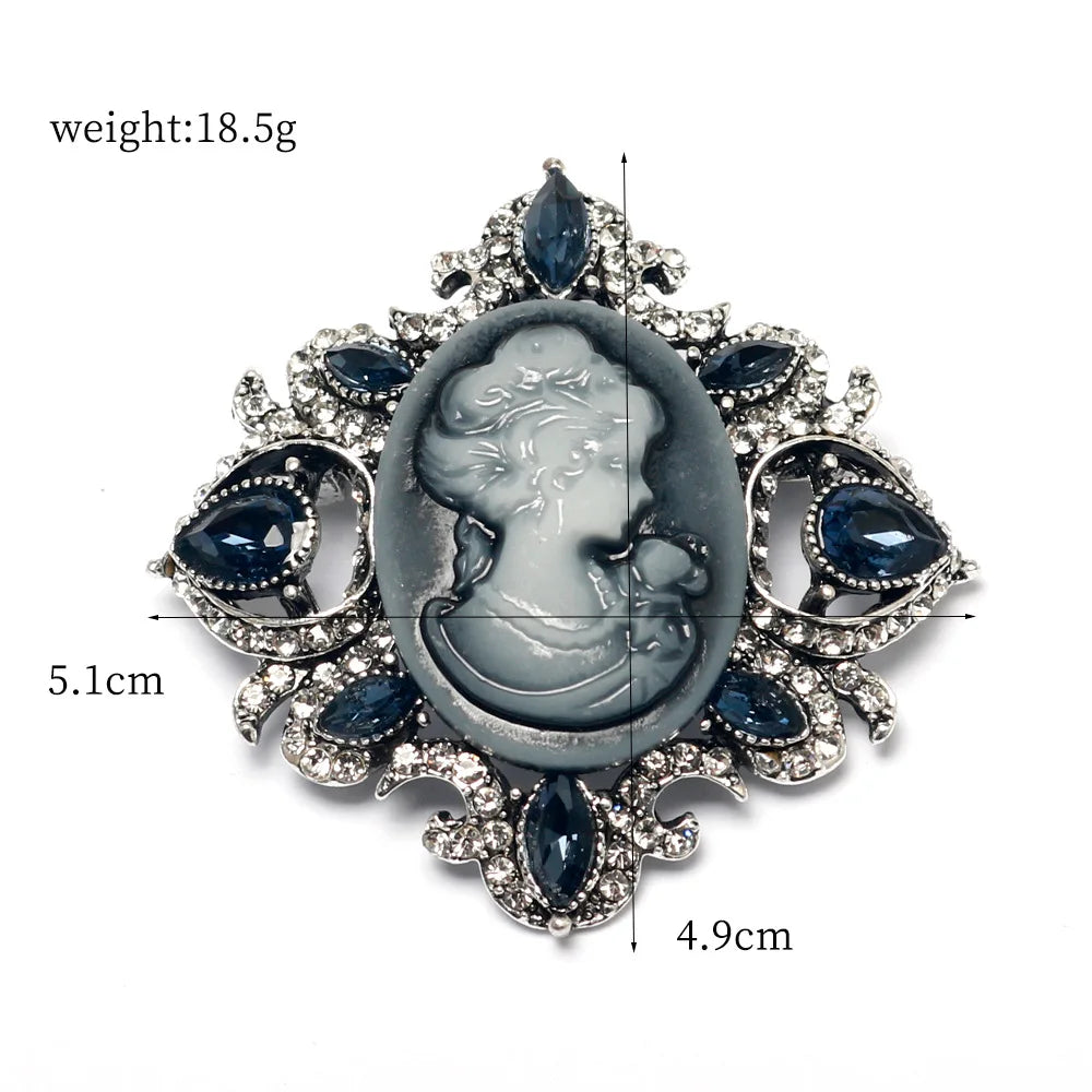 Victorian Crystal Rhinestones Cameo Vintage Brooches For Women Queen's Cameo Beauty Head Brooch Pin Clothing Accessor