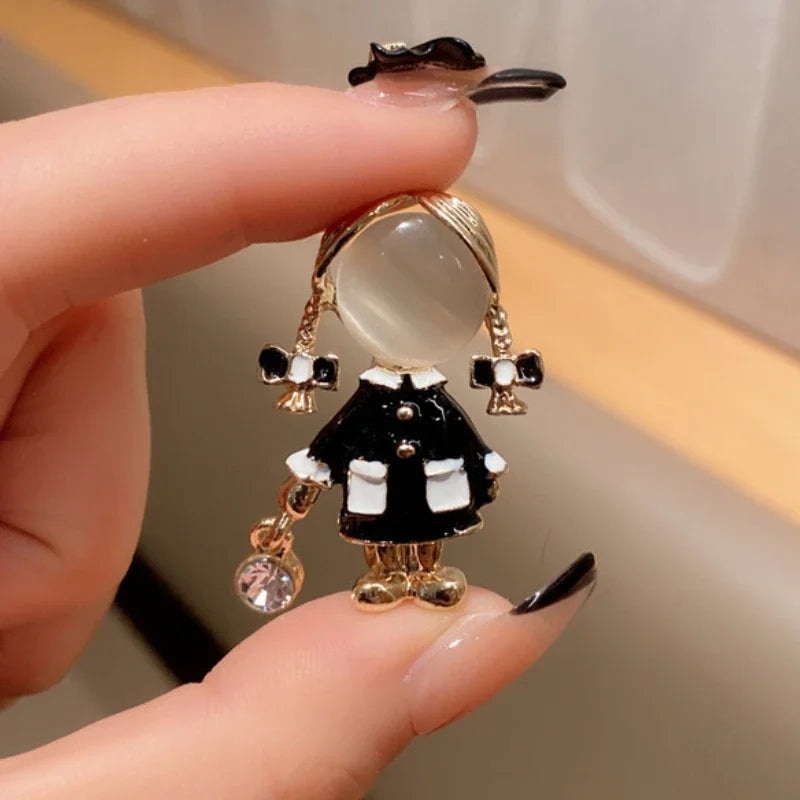 Small Cute Little Girl In Black Dress Nurse Brooches Rhinestone Crystal Brooch Pin Drop Oil Corsage Clothing Coat Jewelry - X