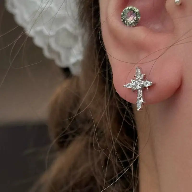 Shiny Rhinestone Zircon Cross Earrings For Women Korean Fashion Stainless Steel Earring Daily Birthday Party Y2K Jewelry Gift