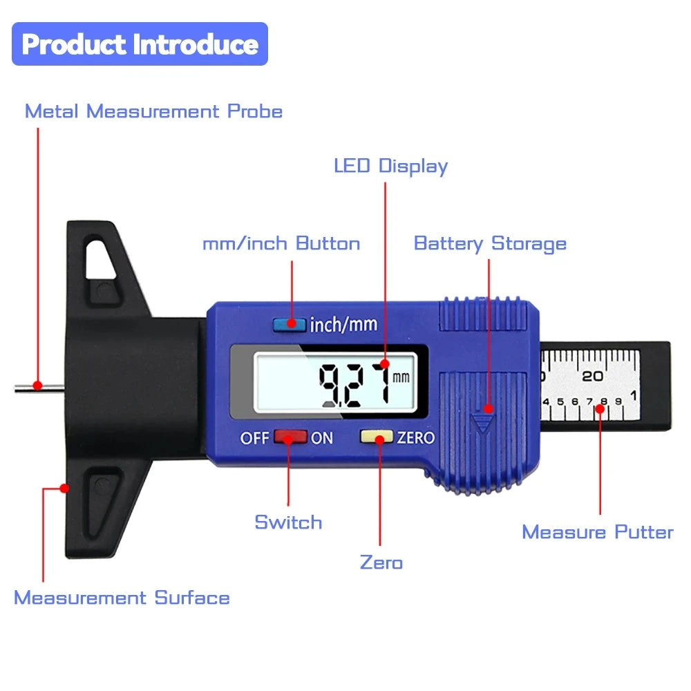 Digital Car Tyre Thickness Gauges Depth Meter For Safe Auto Tyre Tread Monitoring Tyre Wear Detection Measure Caliper Instrum