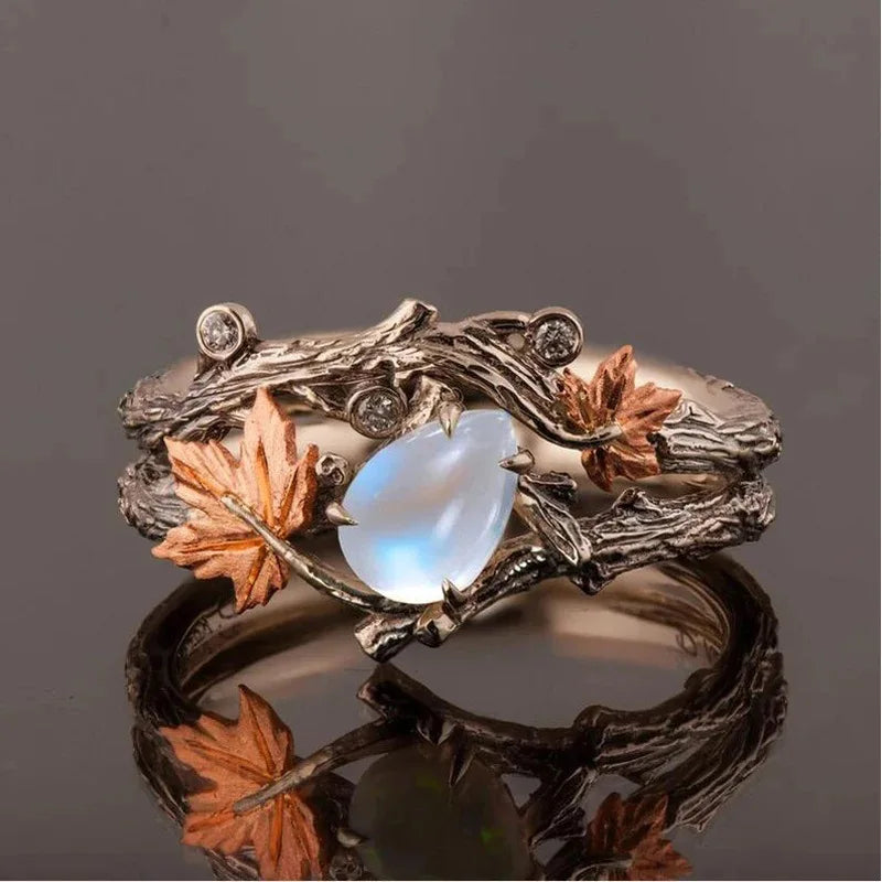 Luxury Vintage Niche Design Tree Branch Maple Leaf Double Layer Ring Women Men Light Luxury White Gemstone Holiday Party Jewe