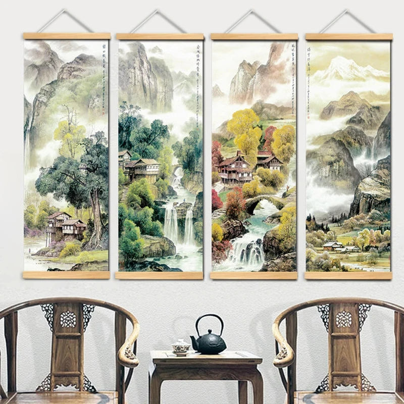 Chinese Traditional Style Four Seasons Landscape Canvas for Living Room Wall Art Poster Solid Wood Scroll Paintings Home Deco