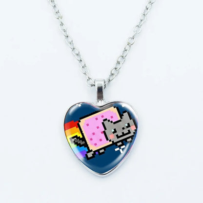 Cute Funny Rainbow Alien Cat Heart Pendant Necklace Animal Shape Art Photo Glass Cabochon Jewelry Children's And Women's