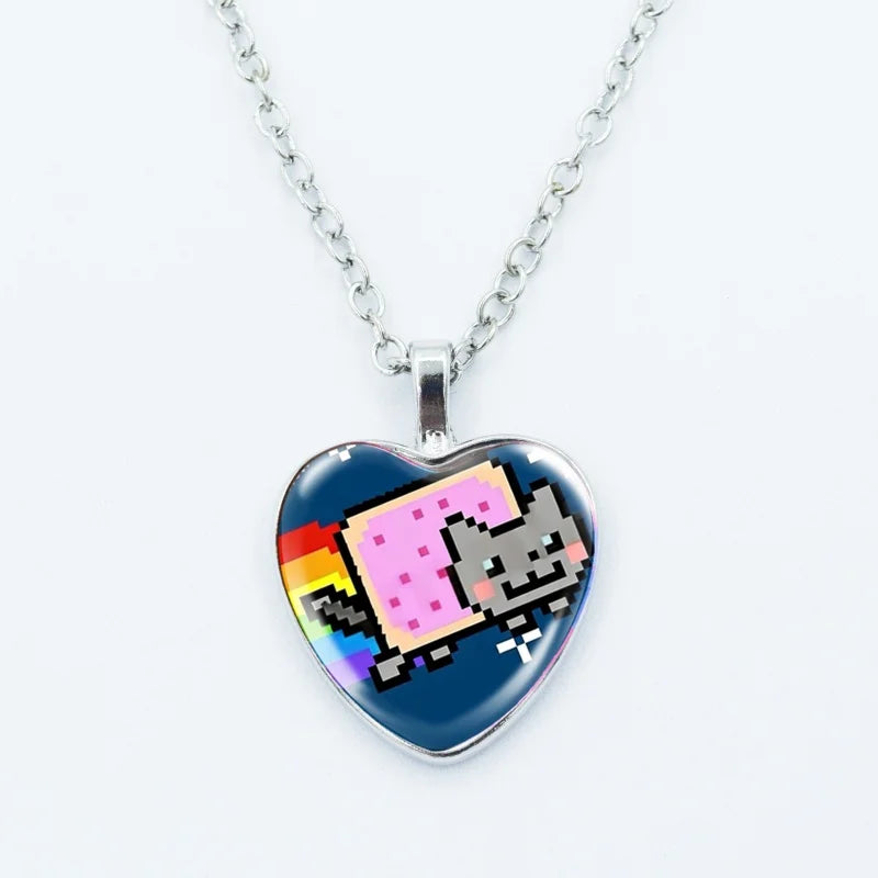 Cute Funny Rainbow Alien Cat Heart Pendant Necklace Animal Shape Art Photo Glass Cabochon Jewelry Children's And Women's - 5