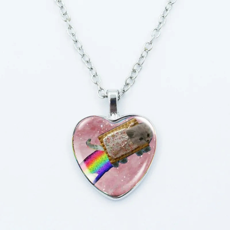 Cute Funny Rainbow Alien Cat Heart Pendant Necklace Animal Shape Art Photo Glass Cabochon Jewelry Children's And Women's - 19