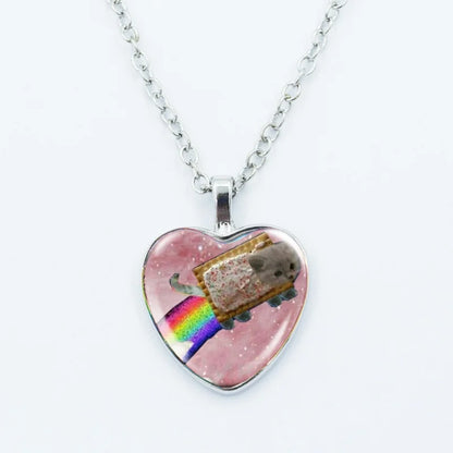 Cute Funny Rainbow Alien Cat Heart Pendant Necklace Animal Shape Art Photo Glass Cabochon Jewelry Children's And Women's