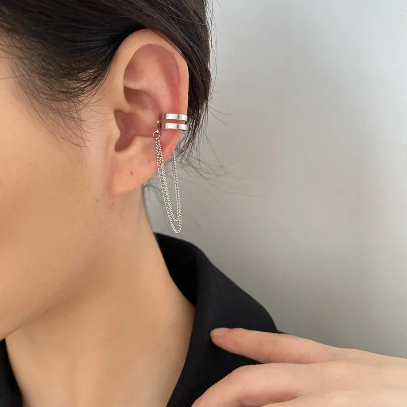 Silver Color Crystal Tassel Non-Piercing Cuff Ear Clip Earring For Women Shiny Rhinestone Chain Fake Cartilage Piercing Jewel